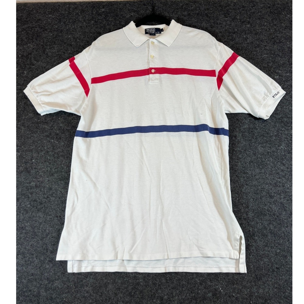 Vintage 80s Polo Ralph Lauren Striped Polo Shirt Mens Large White USA Preppy